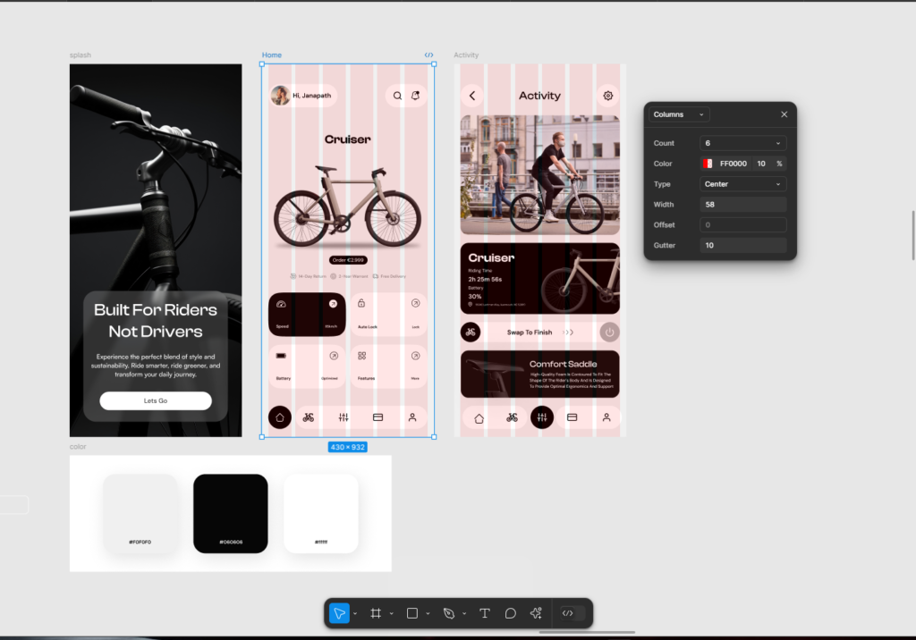 Smart AI Bicycle Mobile App UI/UX Design in Figma - Layout grid system