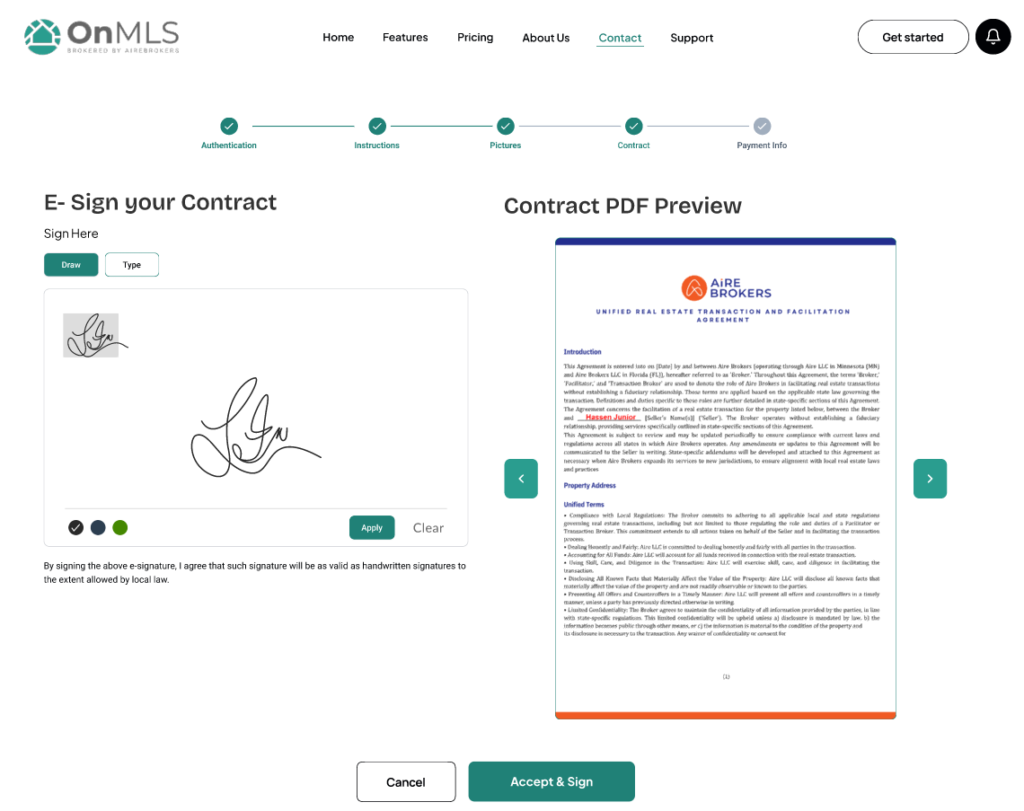 contract signing UI design for MLS listing Florida