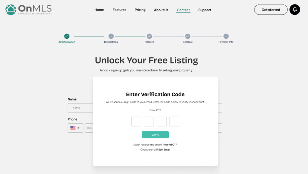 mls listing website OTP verification UI/UX 